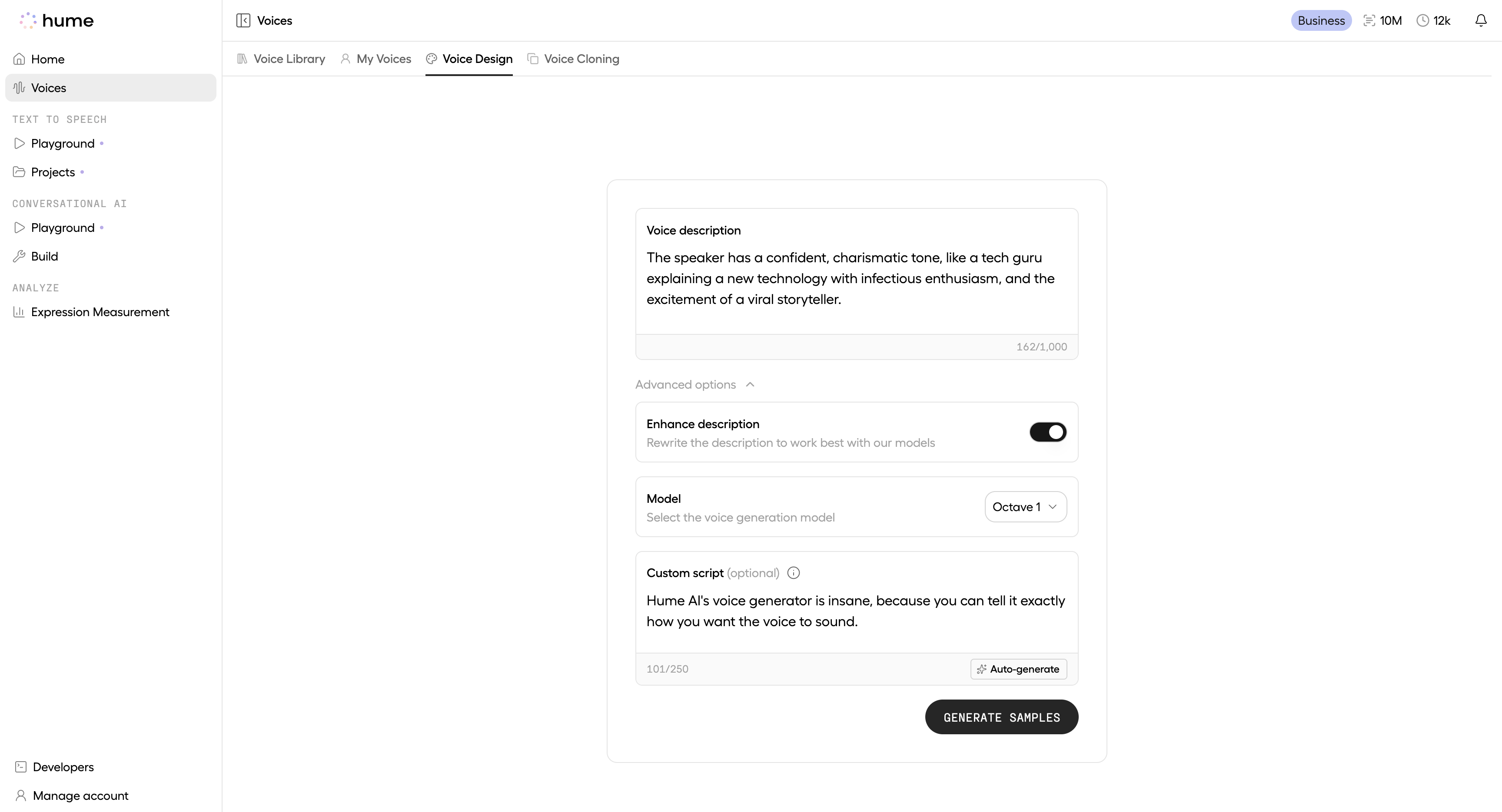 Voice design text and prompt