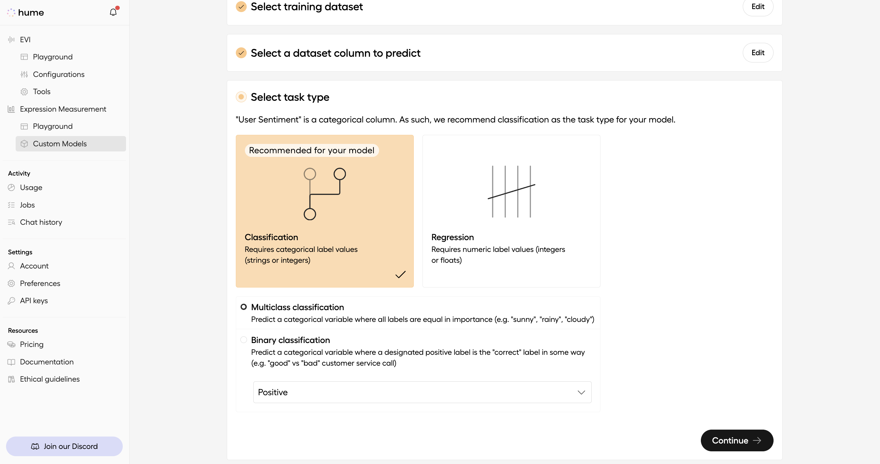 Select a task type for your model