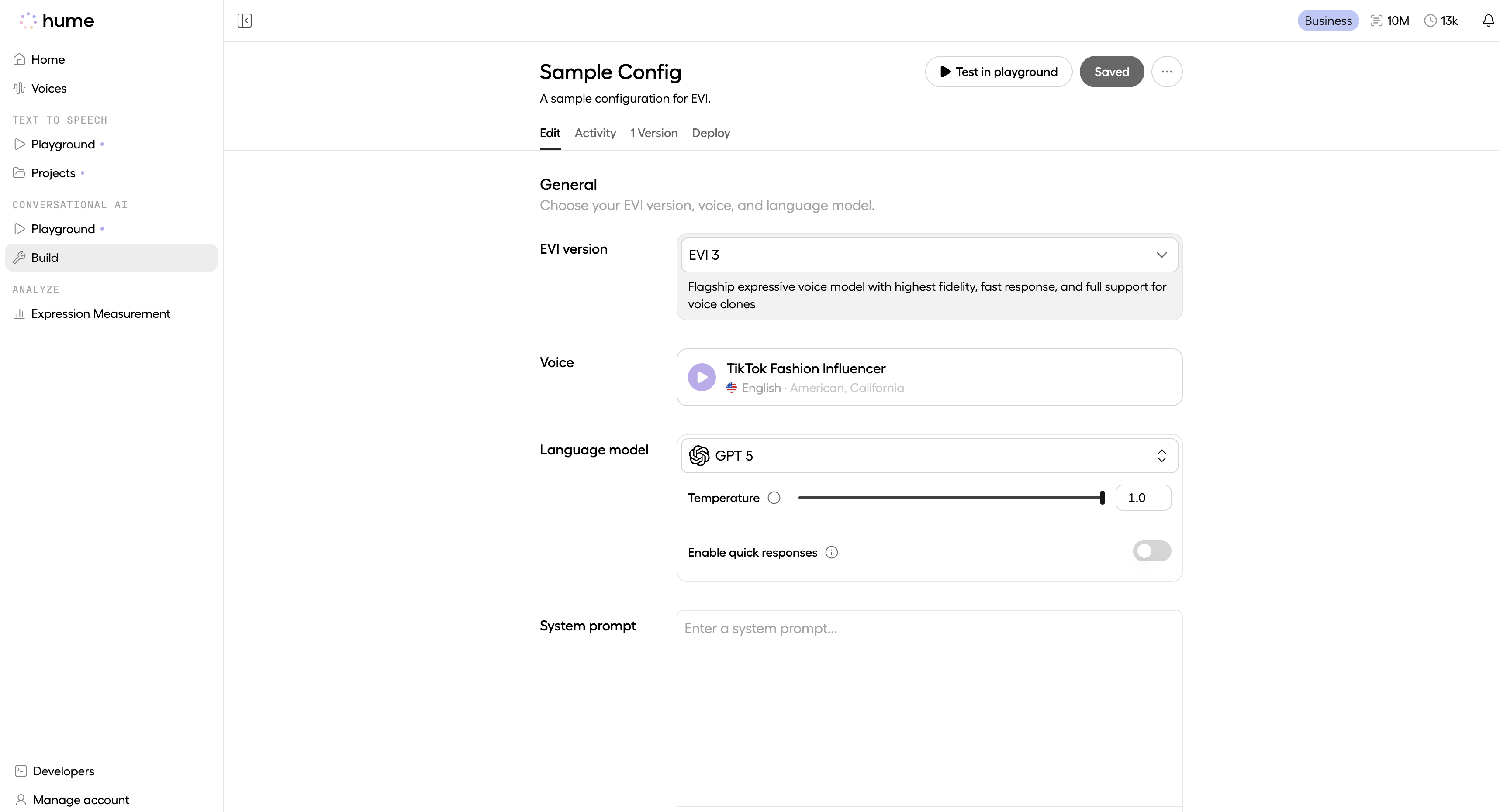A newly created configuration with a "Test in playground" button
