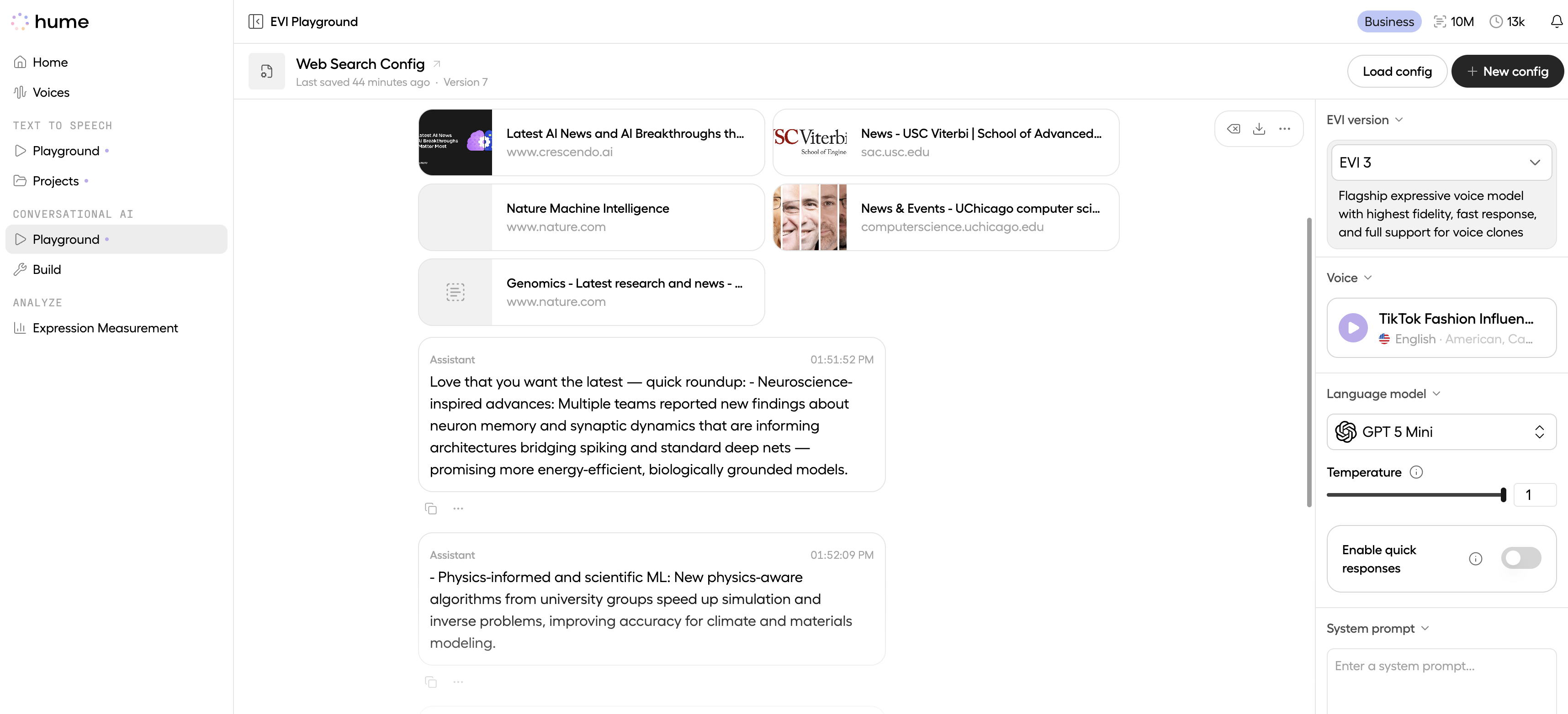 EVI sends a response generated from web search results