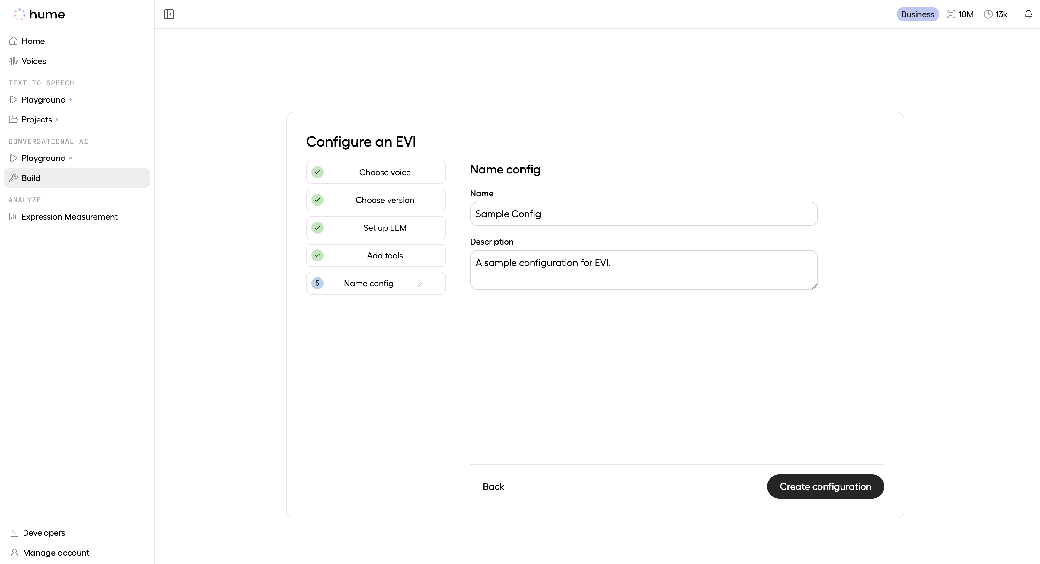 Providing a name and description, the seventh step of EVI configuration
