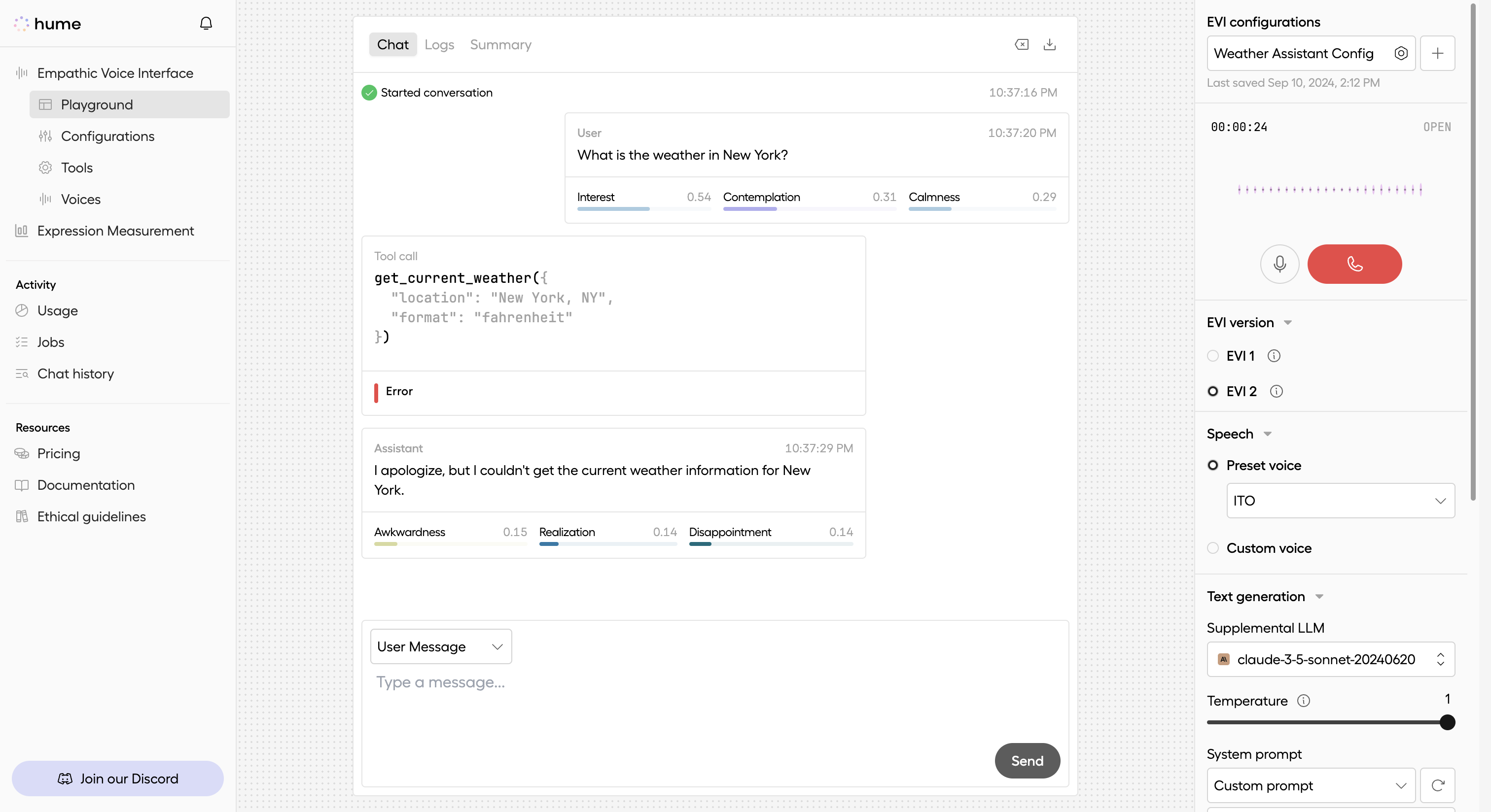 EVI responds with a tool_error message