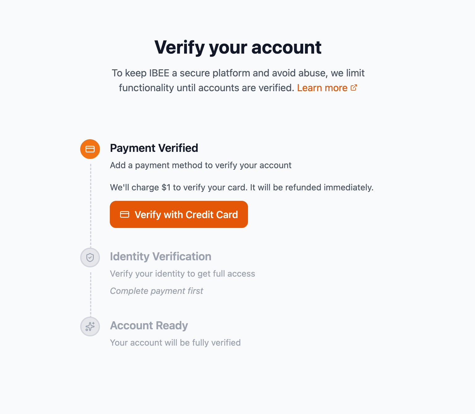 IBEE Cloud account verification page