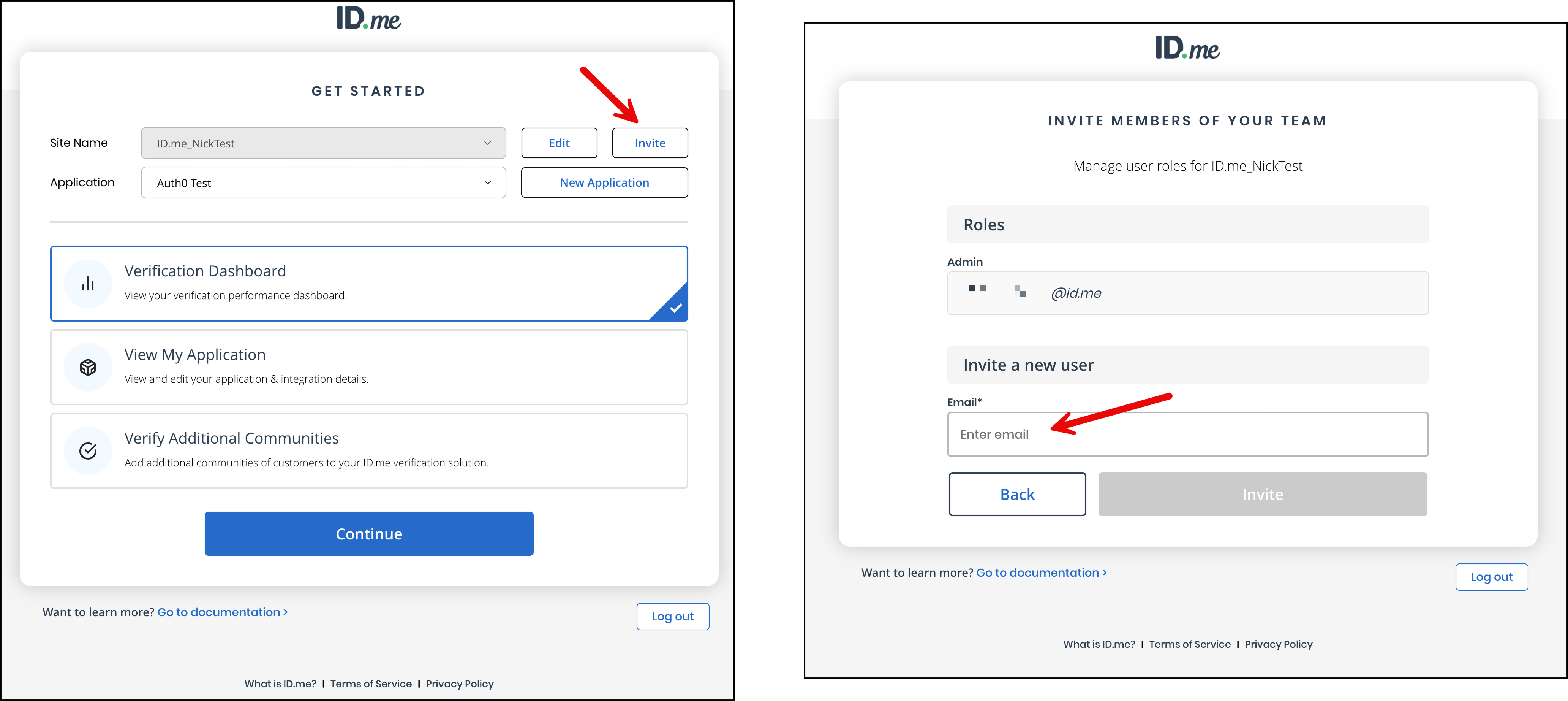 Image showing how to invite a user to join your organization and view your developer portal dashboard
