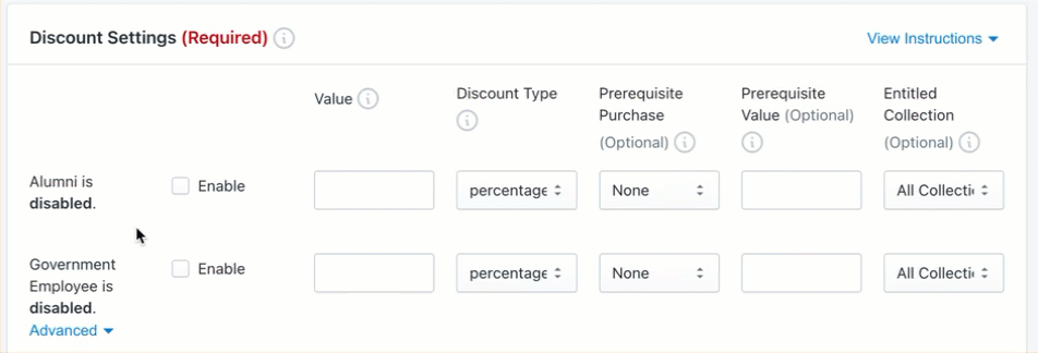 Image showing the selections availble within the discount settings page