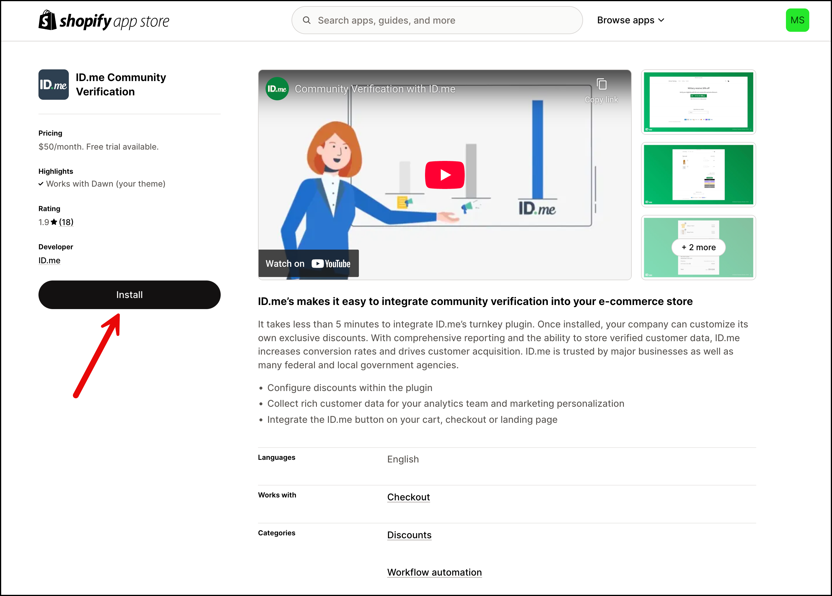 A landing page for the ID.me Community Verification extension for Shopify