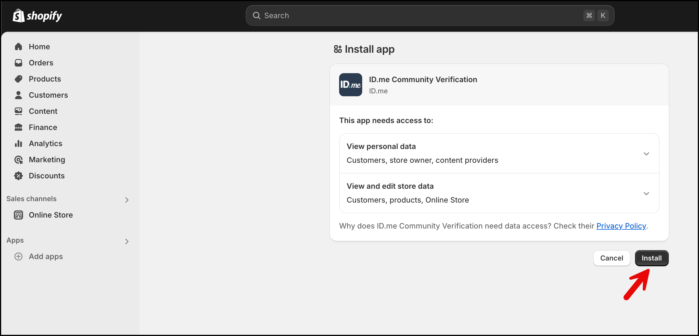 A page showing which data the application will have access to