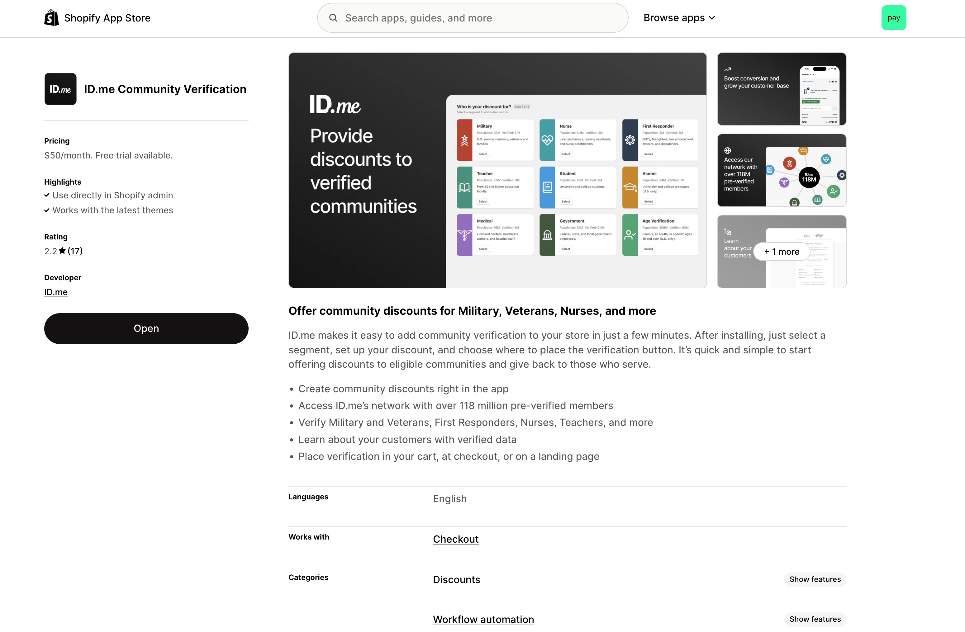 A landing page for the ID.me Community Verification extension for Shopify
