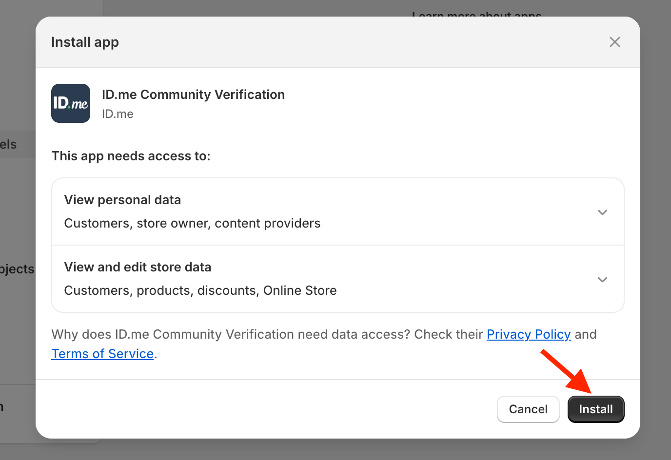 A page showing which data the application will have access to