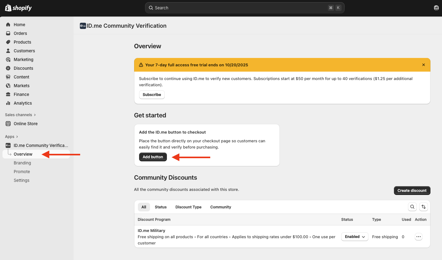 Shopify admin panel screenshot showing where to get started in overview