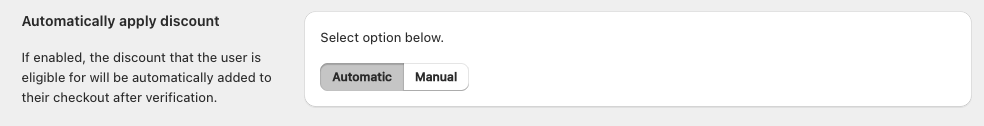 Screenshot showing Shopify admin panel Automatically apply discount or Manual