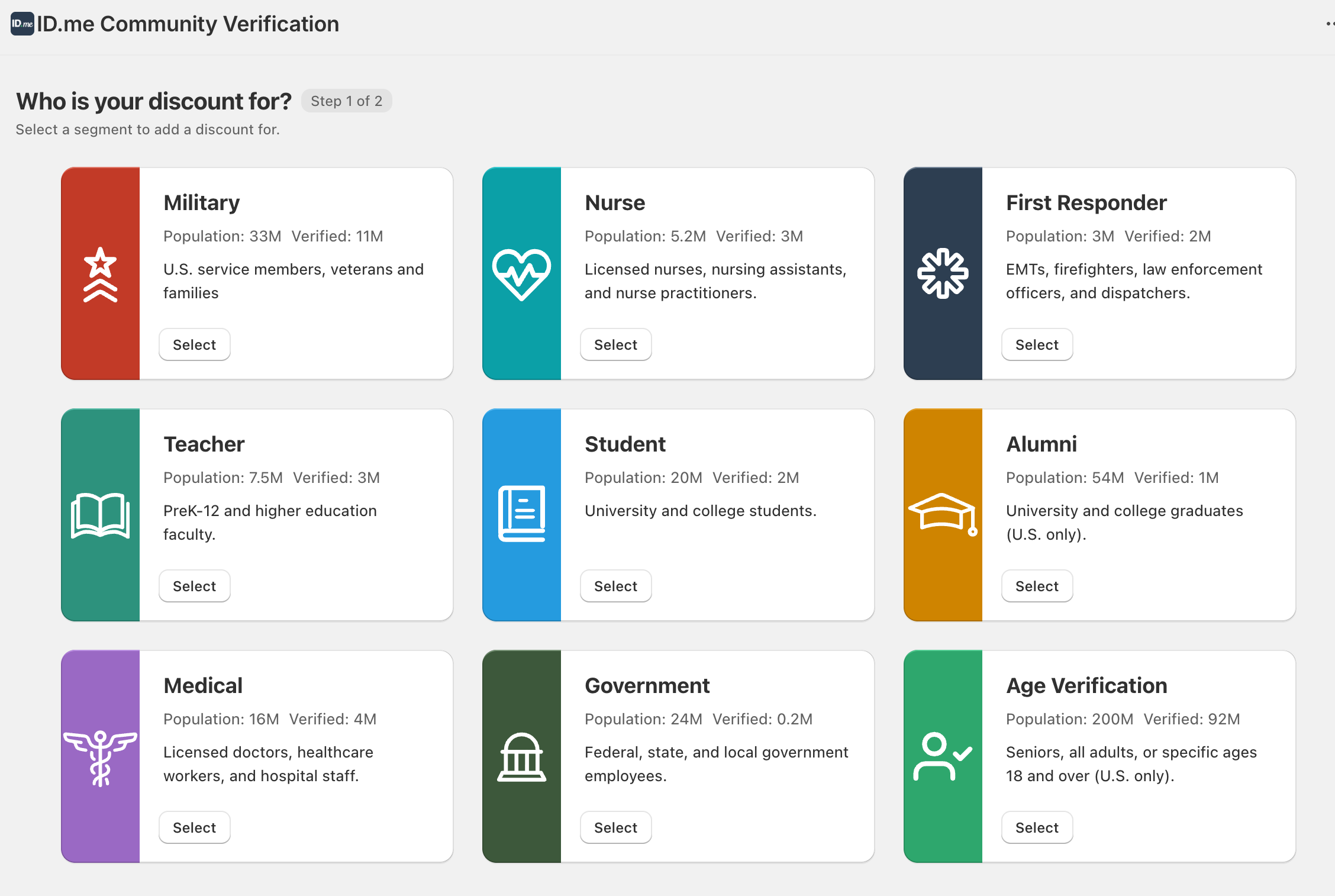 Landing page where users can select a range of communities from Military to Age verification