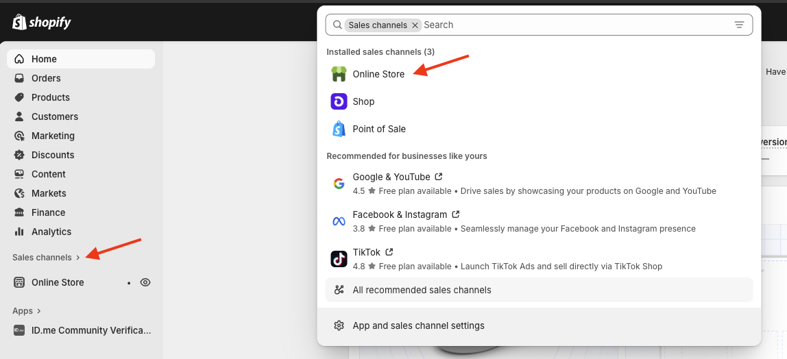 Screenshot from Shopify admin panel showing search for Online Store