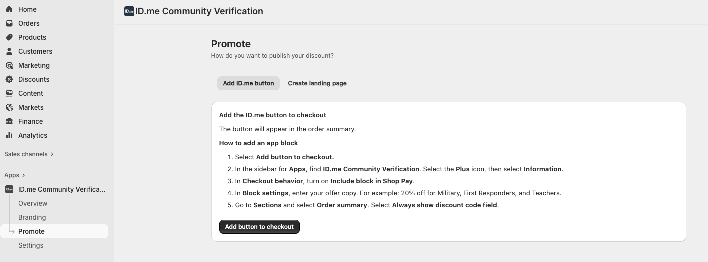 Promote screen in Shopify admin showing various options for adding a button etc