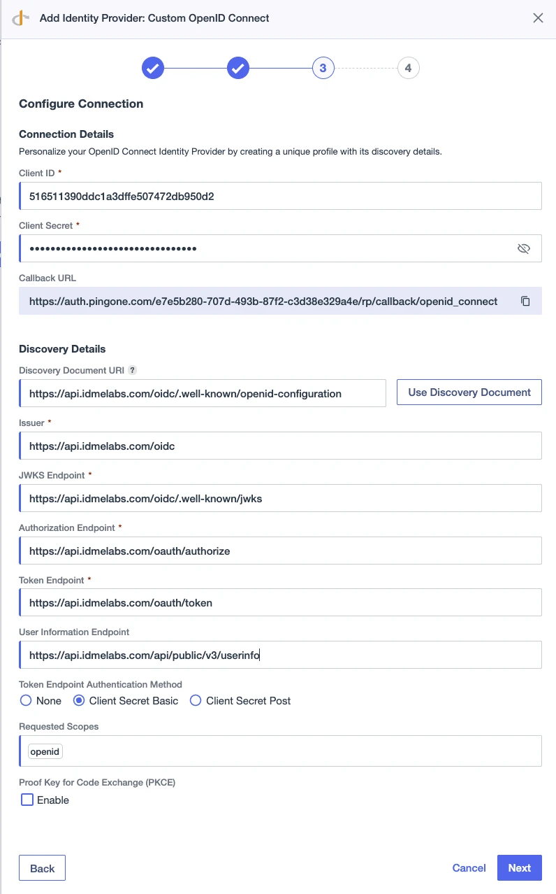 Screenshot of step 3 of 4 in PingOne's "Add Identity Provider: Custom OpenID Connect" wizard, showing the Configure Connection form filled out with a Client ID, masked Client Secret, and ID.me Labs OIDC endpoints for discovery, authorization, token, and user info. Token authentication is set to Client Secret Basic, scope is "openid," and PKCE is disabled.