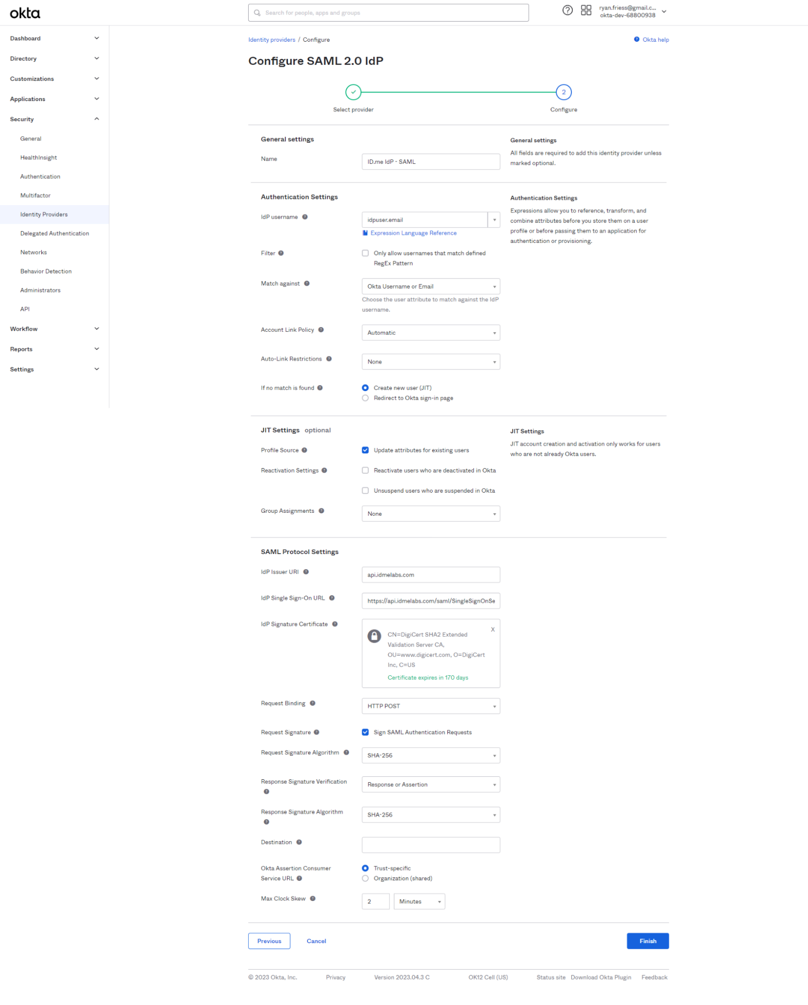 Screenshot of step 2 of the "Configure SAML 2.0 IdP" page in Okta, showing General Settings with the name "ID.me IdP - SAML," Authentication Settings configured to match on Okta Username or Email with auto-linking and JIT user creation enabled, and SAML Protocol Settings populated with ID.me's Issuer URI, Single Sign-On URL, DigiCert signature certificate, and SHA-256 signing settings.