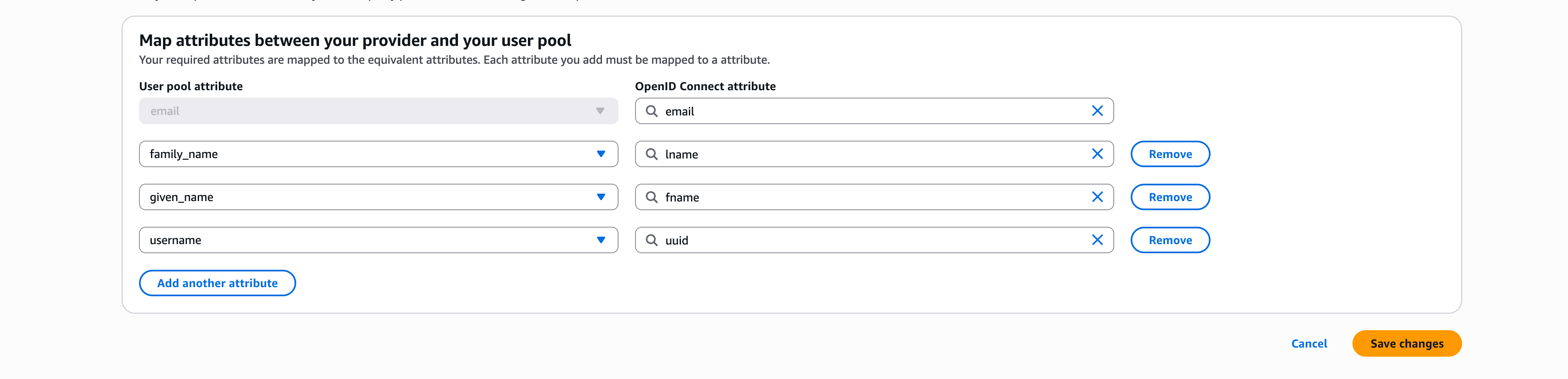 Screenshot of the "Map attributes between your provider and your user pool" section in AWS Cognito, showing four mappings from OpenID Connect attributes to user pool attributes: email→email, lname→family_name, fname→given_name, and uuid→username.
