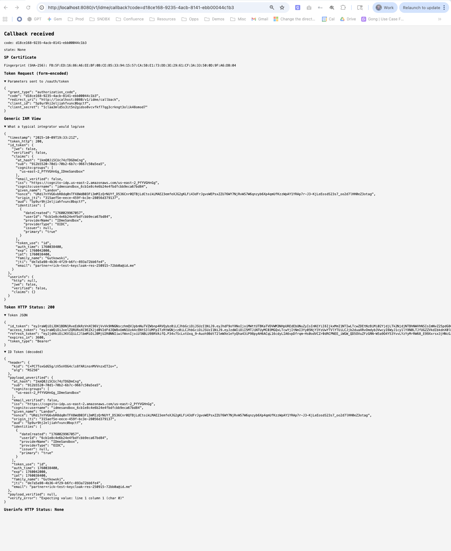 A webpage showing a successful "callback recieved" with the code parameter
