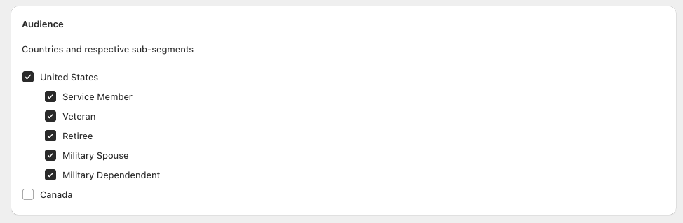 Check boxes allow you to select one or more taget audiences within your selected segment