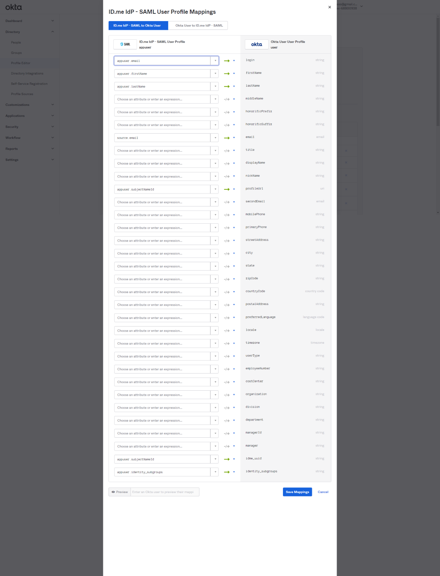Screenshot of the "ID.me IdP - SAML User Profile Mappings" dialog in Okta, showing the "ID.me IdP - SAML to Okta User" tab with mappings from ID.me SAML attributes (appuser.email, appuser.firstName, appuser.lastName, source.email, appuser.subjectNameId, and appuser.identity_subgroups) to corresponding Okta user profile fields including login, firstName, lastName, email, idme_uuid, and identity_subgroups.