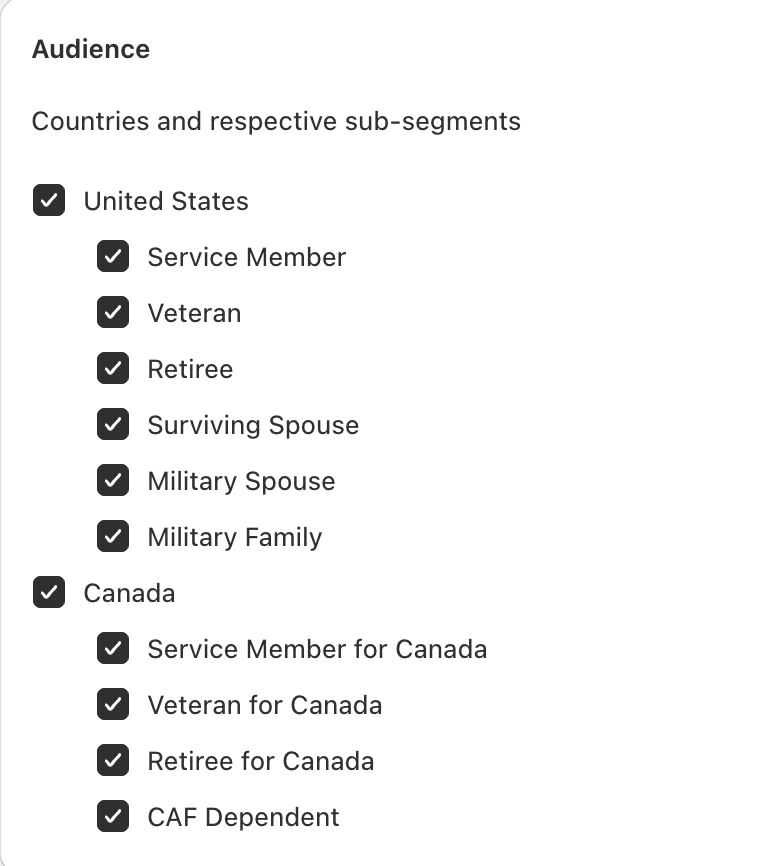 Check boxes allow you to select one or more target audiences within your selected segment