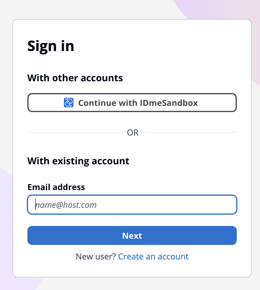 Screenshot of an Okta sign-in page offering two options: a "Continue with IDmeSandbox" button for federated login, or an email address field with a "Next" button for existing account login, with a "Create an account" link for new users.