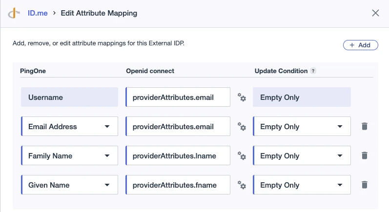 Screenshot of the "Edit Attribute Mapping" dialog in PingOne for an ID.me External IDP, showing four mapped attributes — Username, Email Address, Family Name, and Given Name — each mapped to the corresponding ID.me providerAttributes field, all with Update Condition set to "Empty Only."