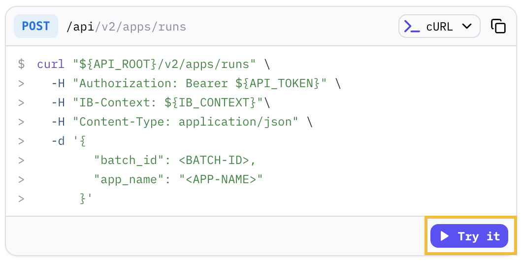 Request sample frame with the API playground Try it button highlighted
