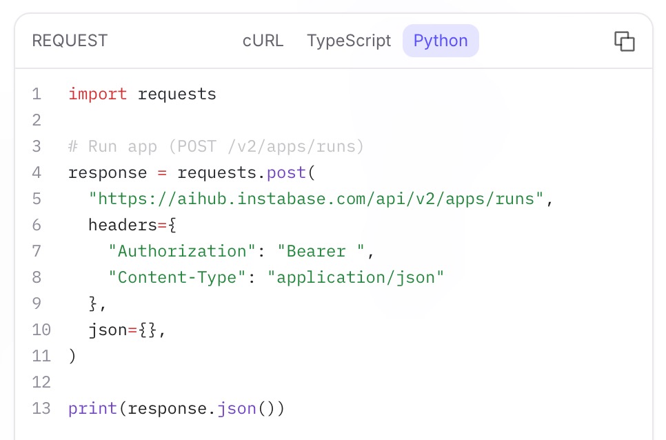 Selecting Python from the API code sample language dropdown