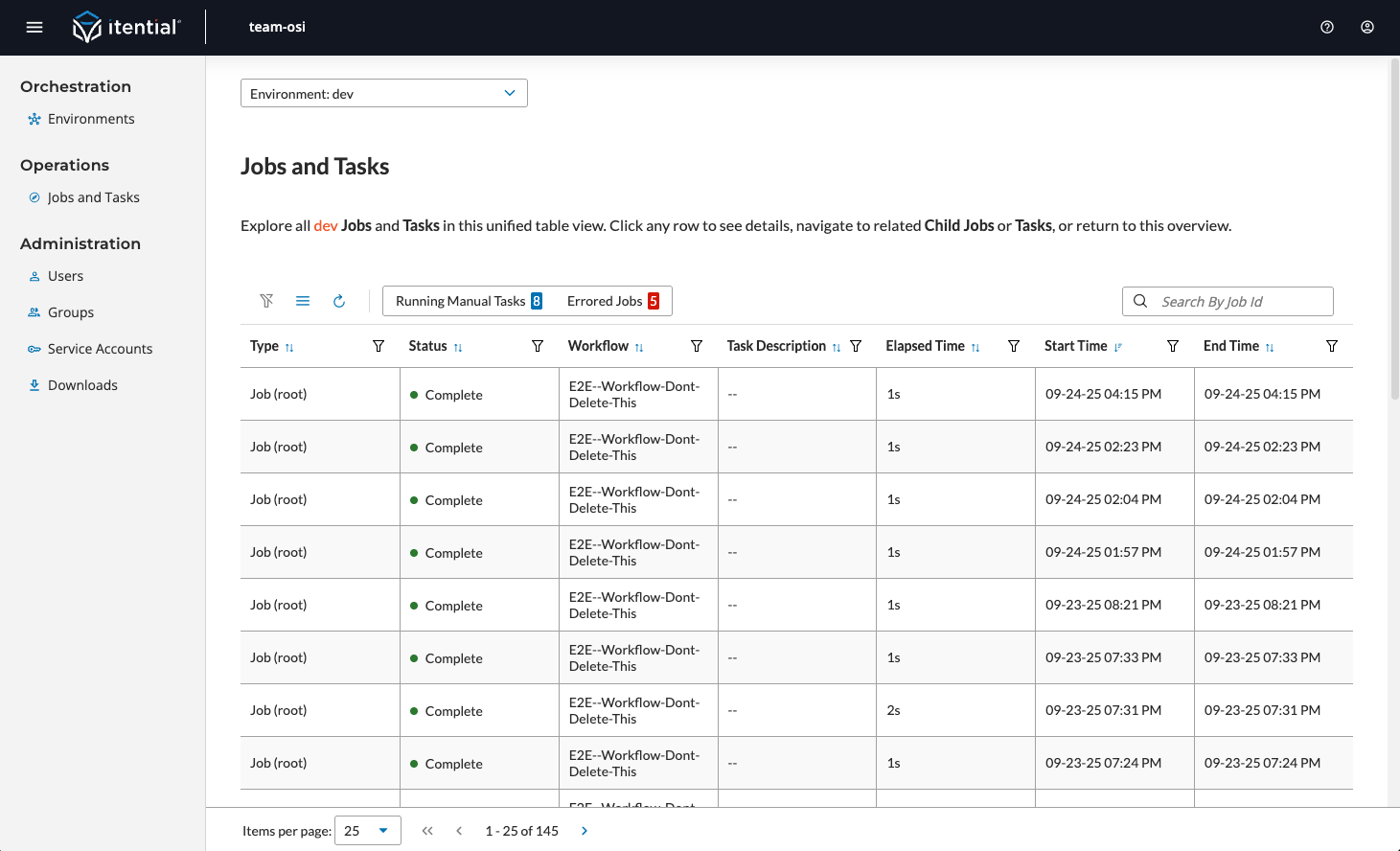 Job Viewer main table showing jobs and tasks