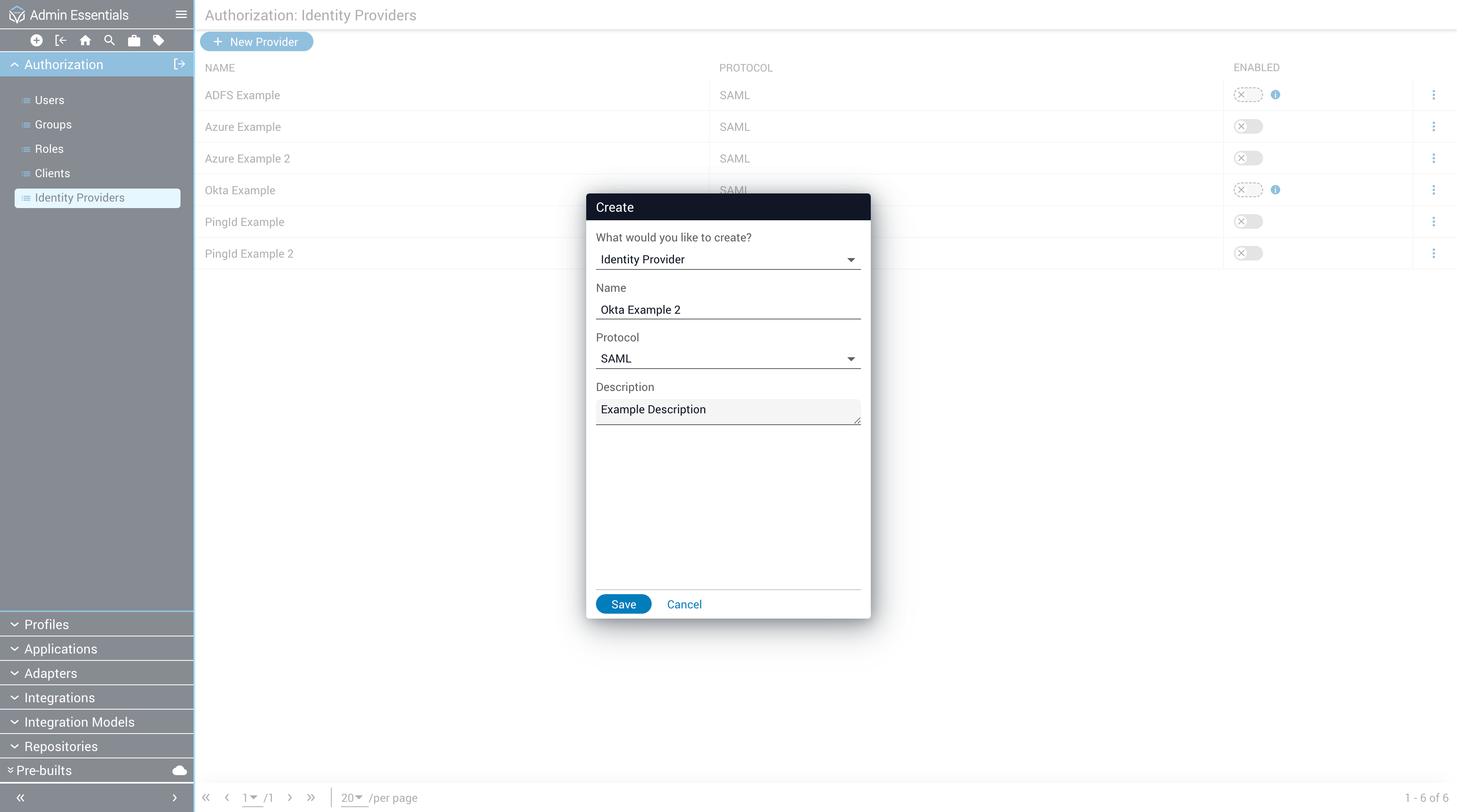 Identity Providers Creation Dialog