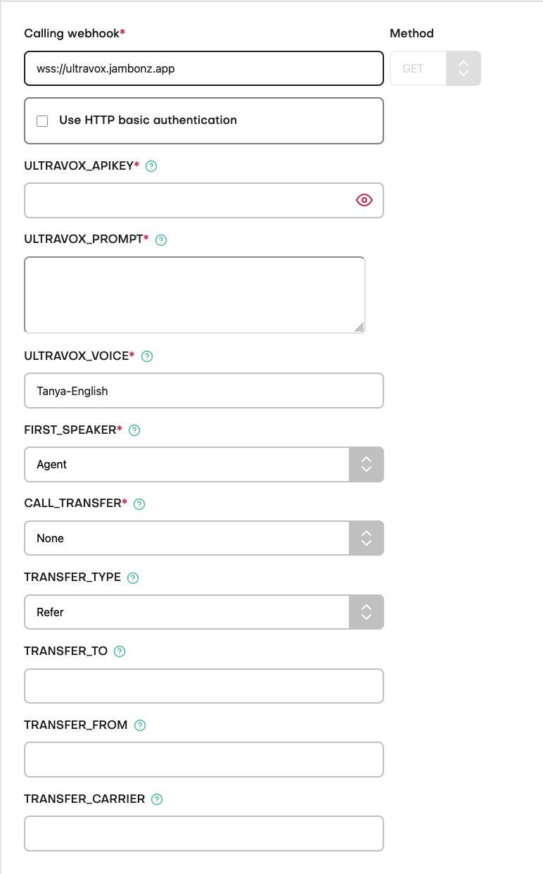 application environment variables for ultravox