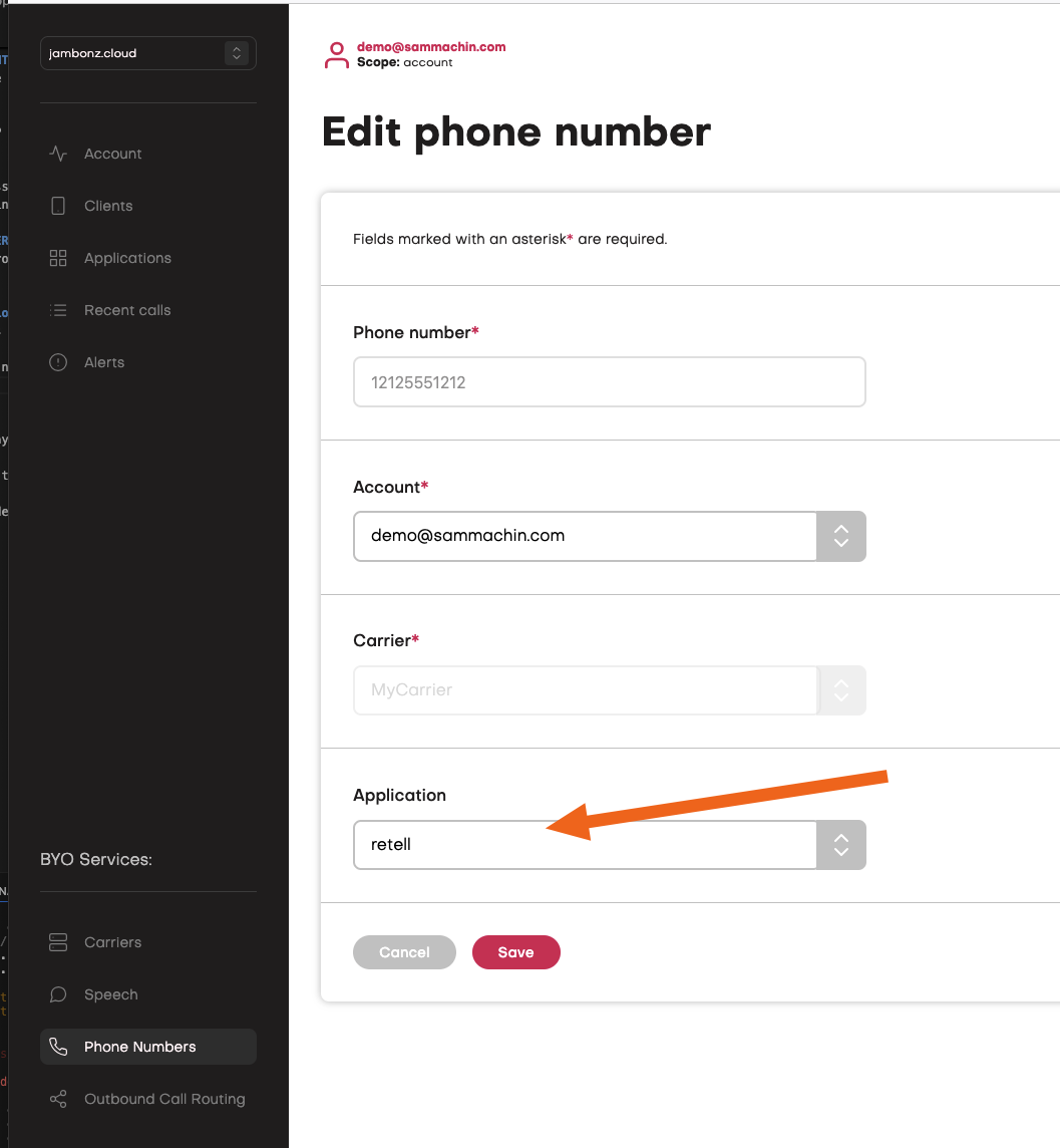 Link phone number to retell applicaiton