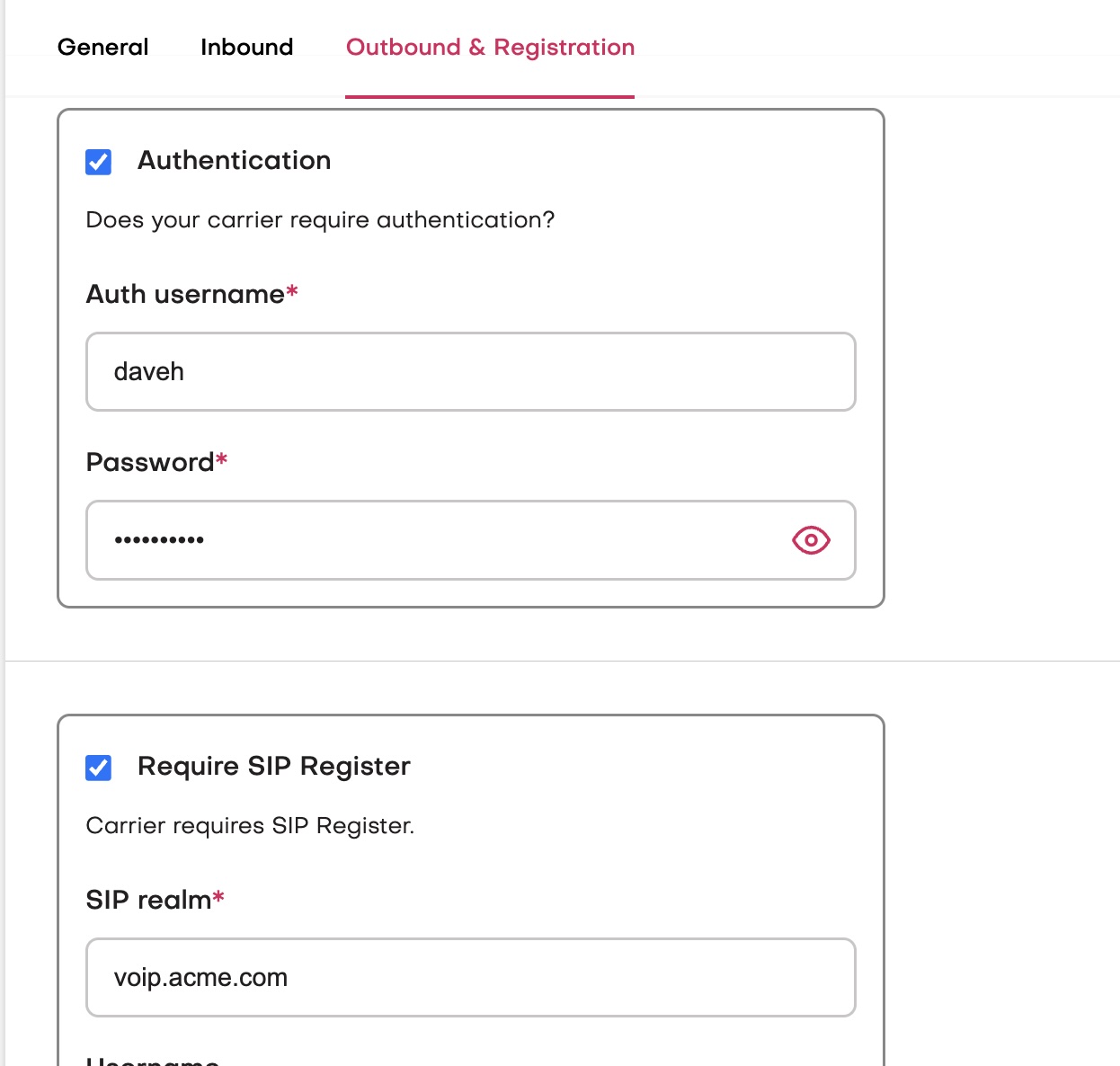 Registration trunk credentials