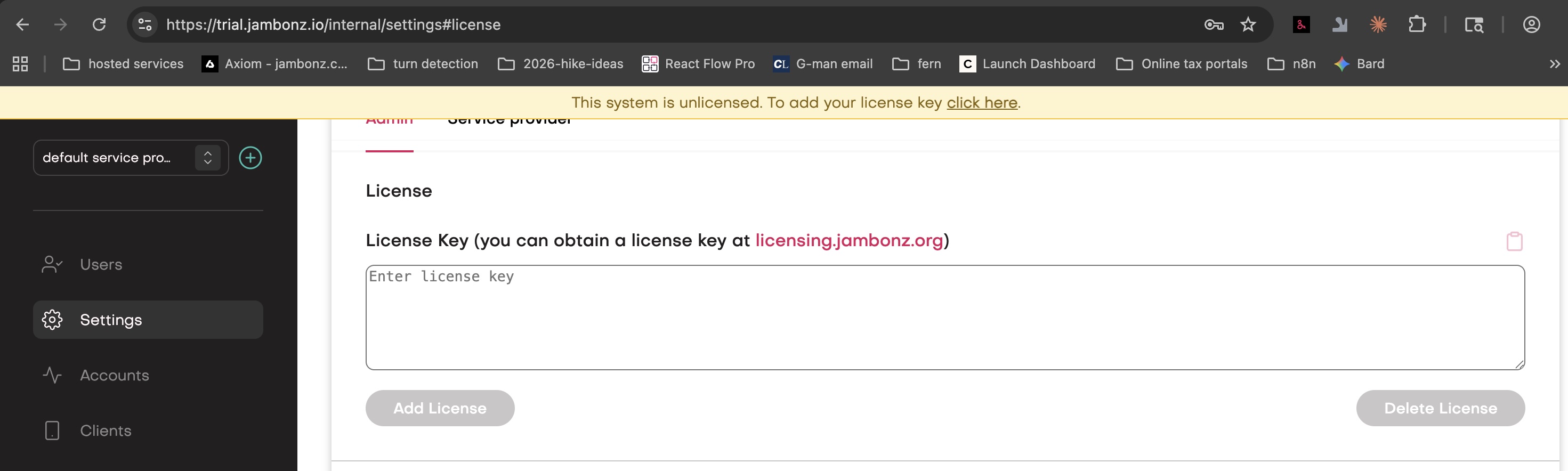 Settings page with licensing portal link