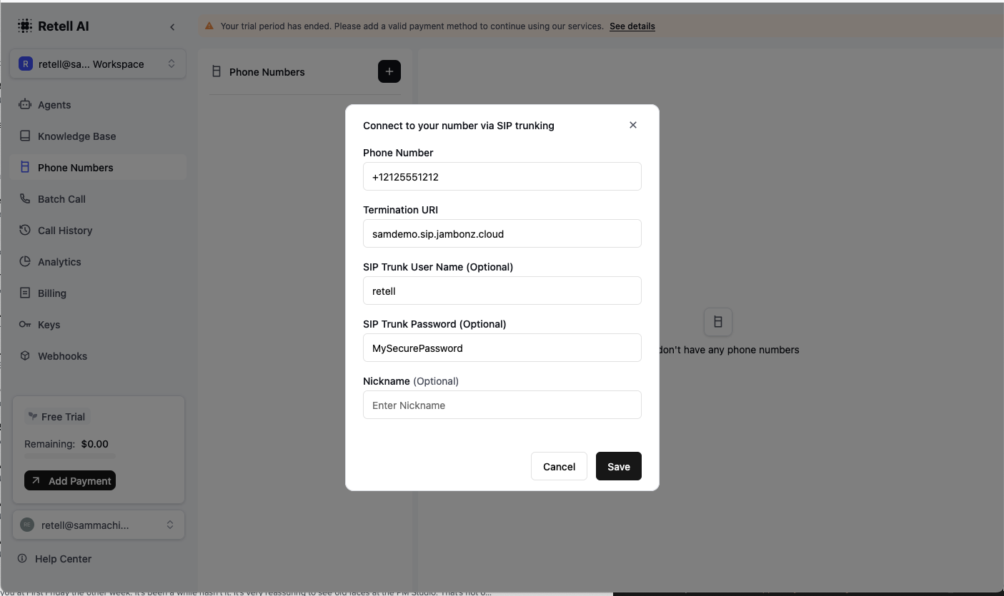 Configure phone number in retell