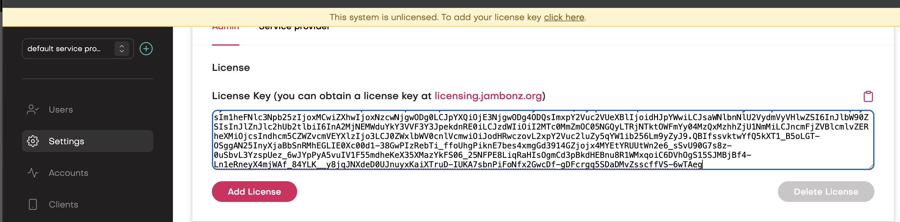 Installing license key in settings