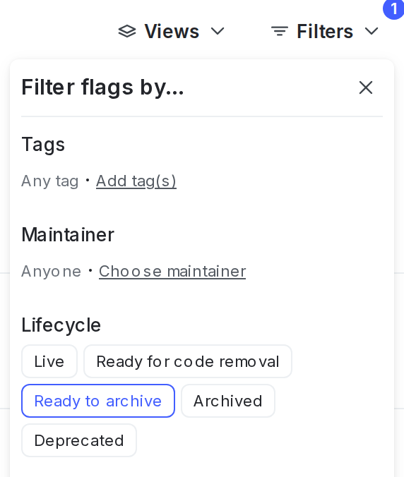 The project-level Filters menu, with "Ready to archive" selected.