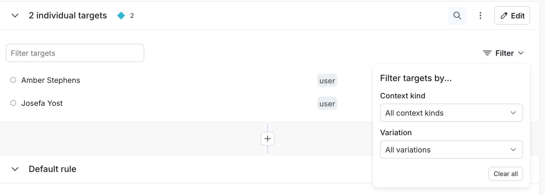 The filter options for individually targeted contexts.