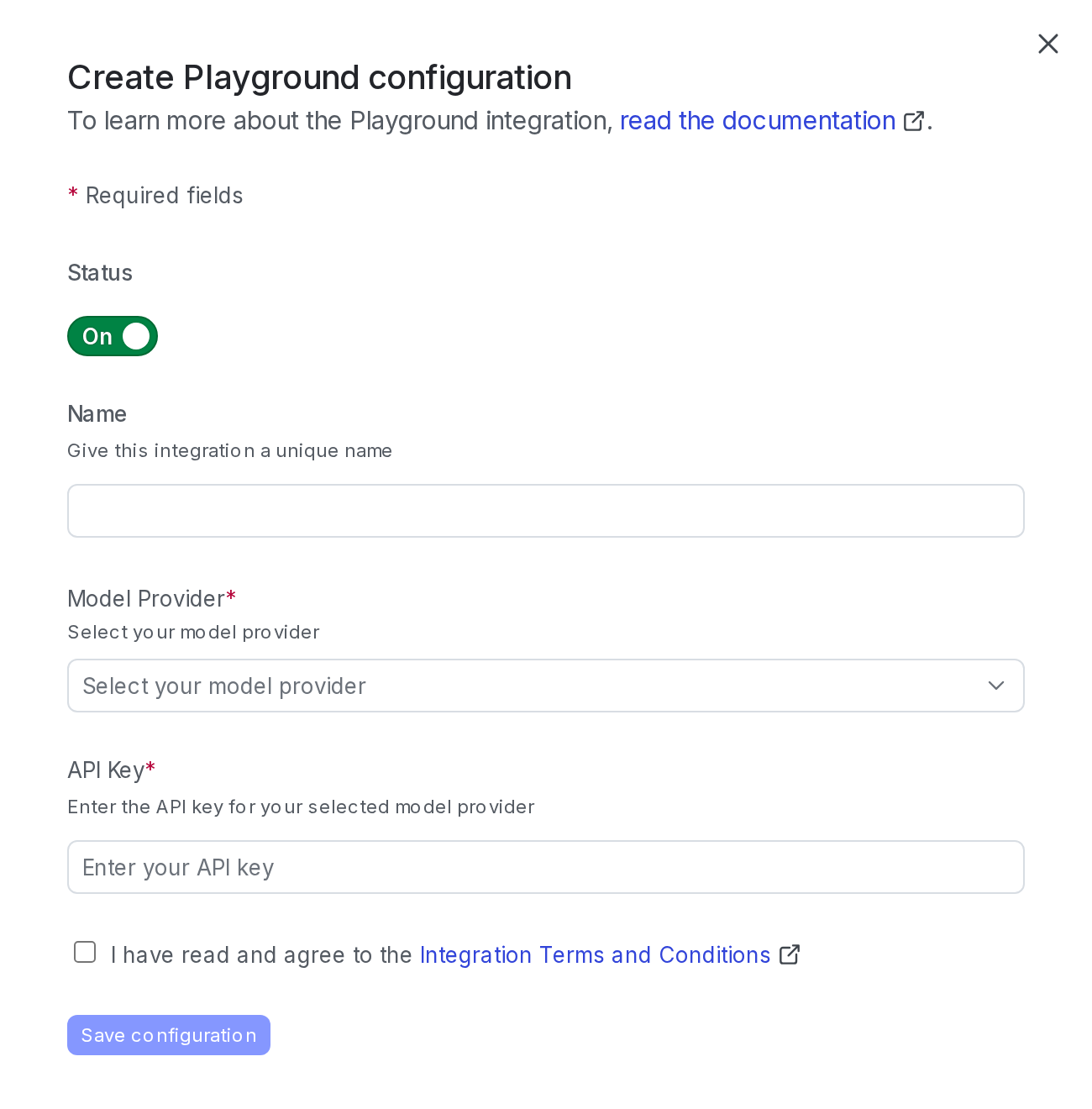 The Manage API keys page in LaunchDarkly for adding a model provider credential to the Playground.