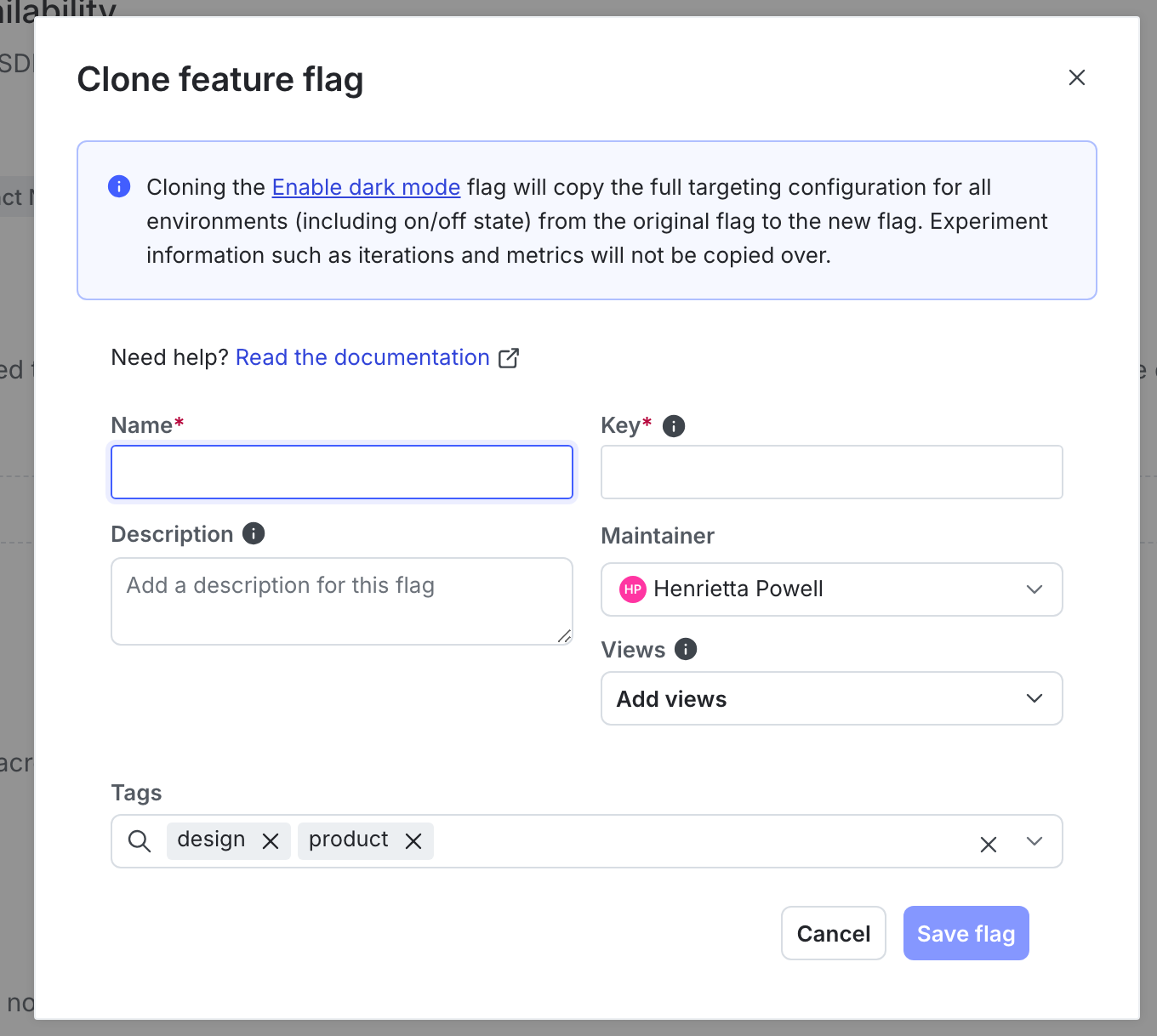The "Clone feature flag" dialog.