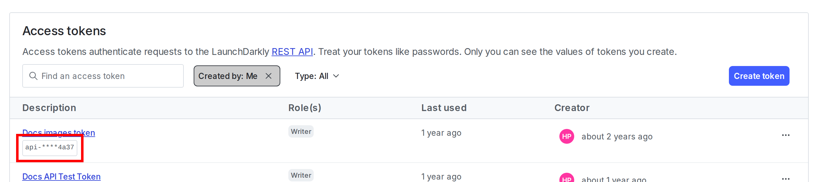 The Access tokens list with an obscured access token called out.