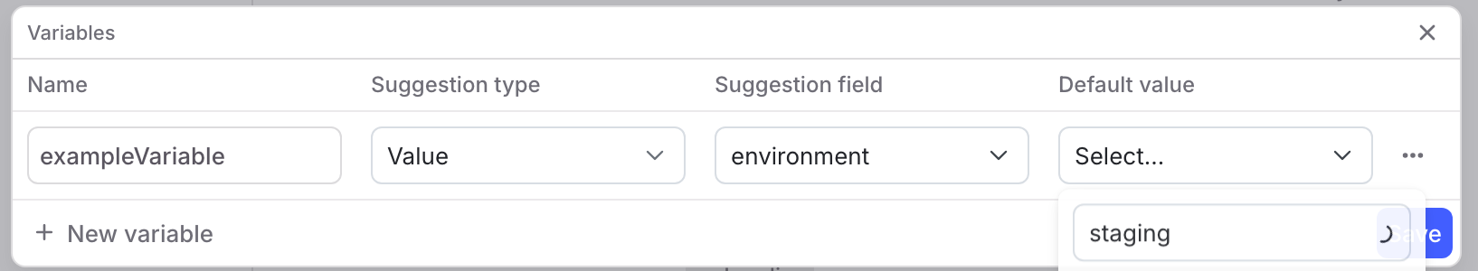 The "Variables" dialog, with a new variable filled
in.