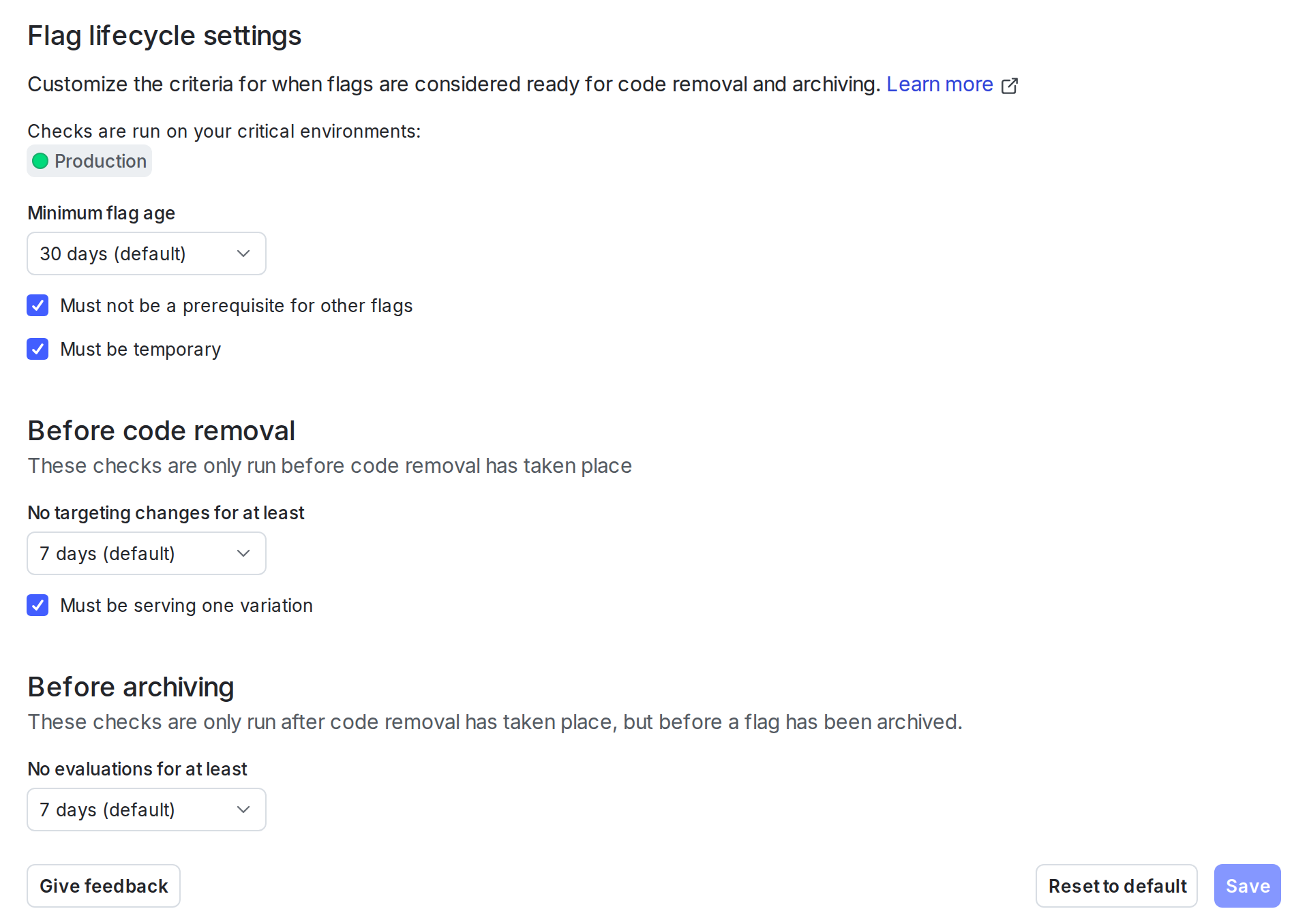 The flag lifecycle settings page.