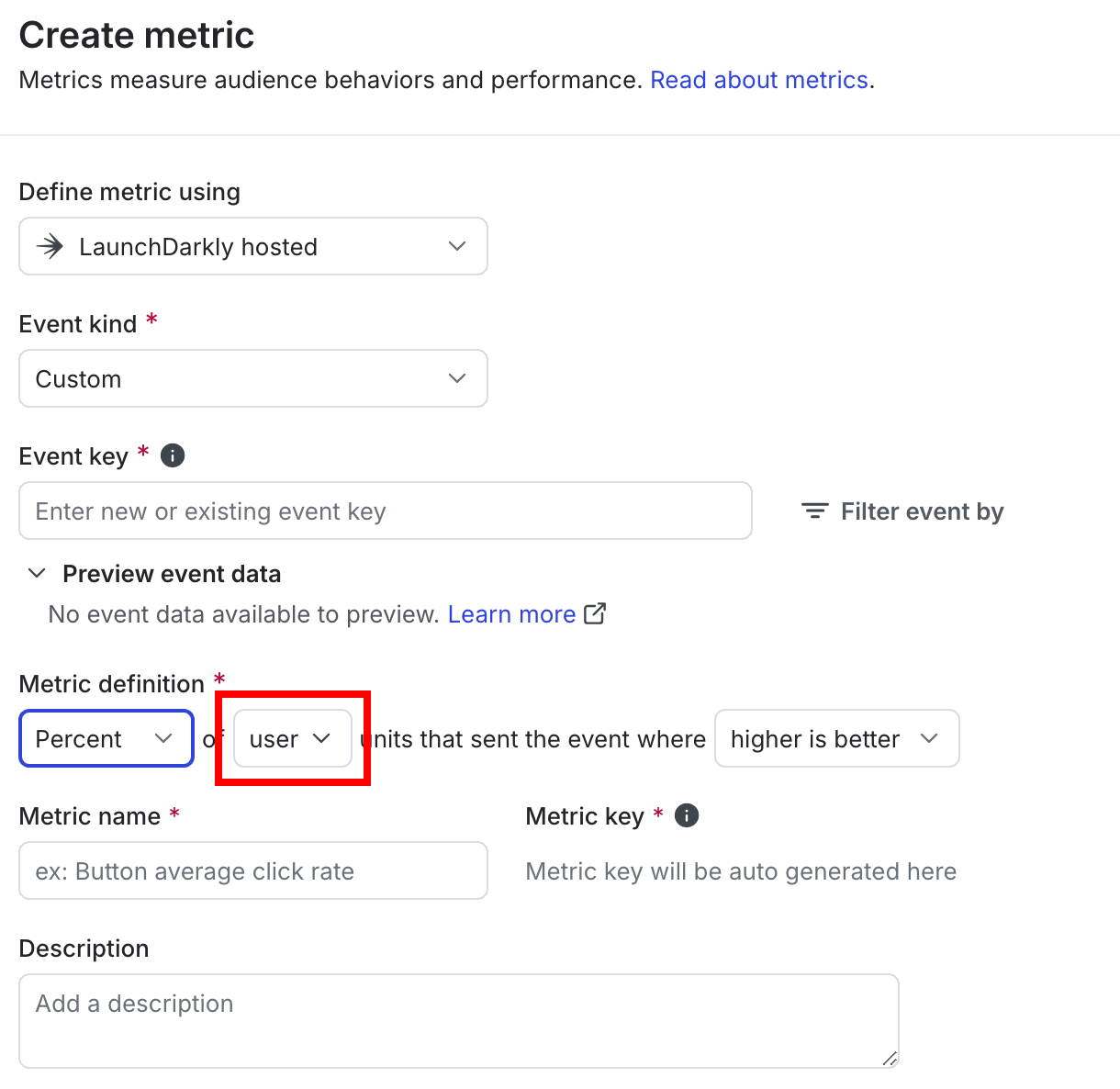 The "Metric definition" section of a new metric with the randomization unit called out.