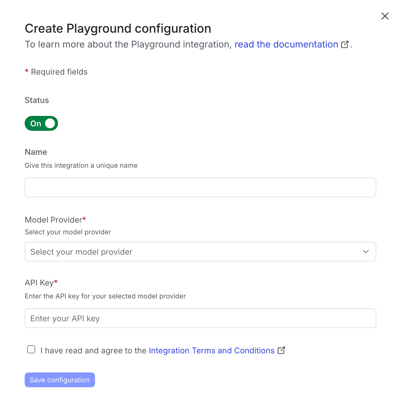 The Manage API keys page in LaunchDarkly for adding a model provider credential to the Playground.