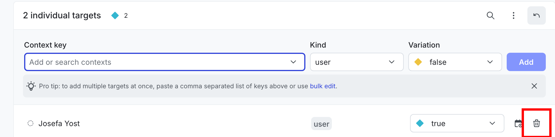 An individually targeted user context with the trash icon called out.