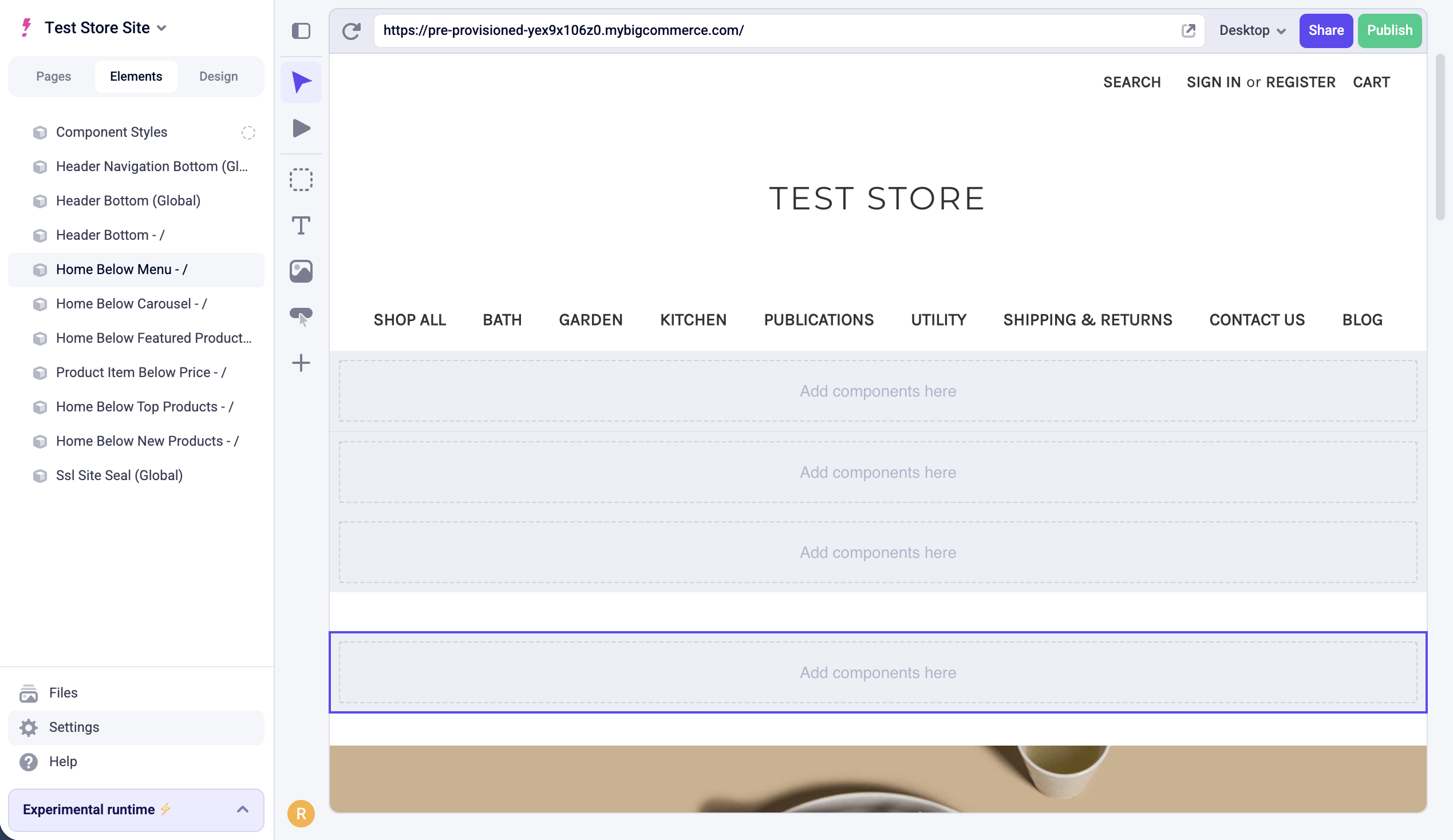Elements panel showing regions on a Stencil storefront