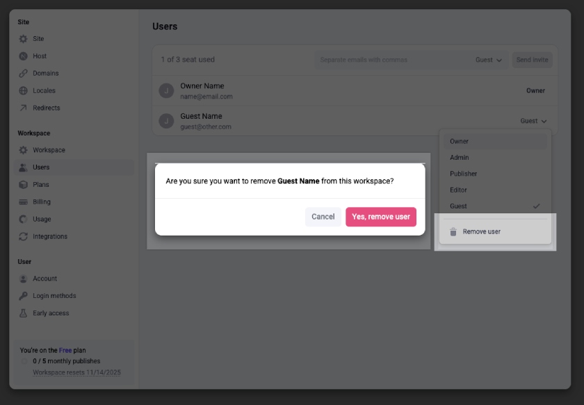 A popup window confirming deletion of a user. The dropdown selector next to the user is expanded showing the option for Remove user.