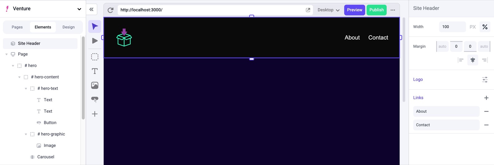 Header component showing on a page in the Makeswift Visual Builder
